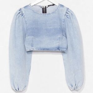 Nasty Gal Sky Blue Denim Puff Sleeve Crop Top